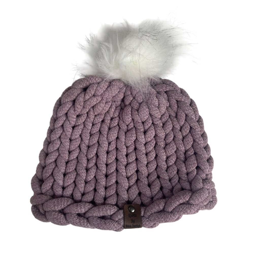 Knots By Nora Design Chunky Knit Beanie Hat Faux Fur Pom Purple Warm Winter
